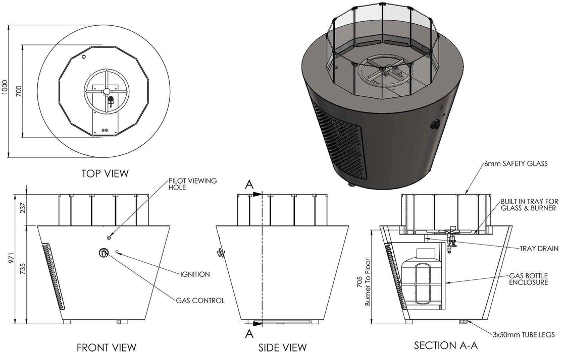 Gas Fire Pit Round Stainless Steel 1m